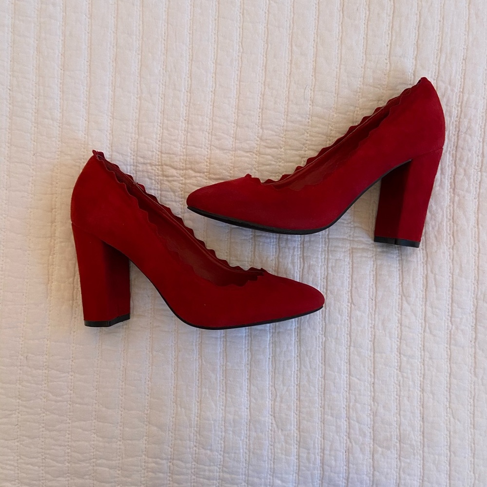 Scalloped Red Suede DSW Heels